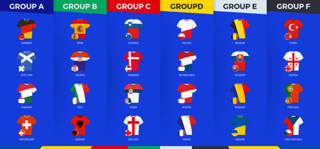 Football jerseys and football ball with flag of football 2024 competition participants sorted by group. Soccer shirts collection.のイラスト素材