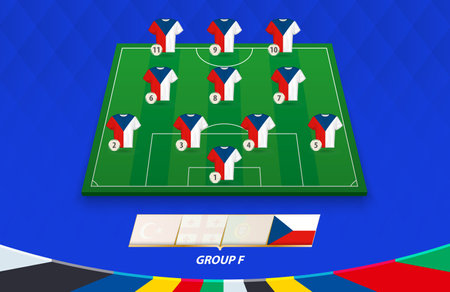 Football field with Czech Republic team lineup for European competition. Soccer players on half football field.のイラスト素材