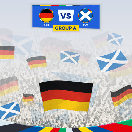 Football fans cheering with flags for the match between Germany and Scotland. Sport illustration for football competition in Europe. Vector template.のイラスト素材