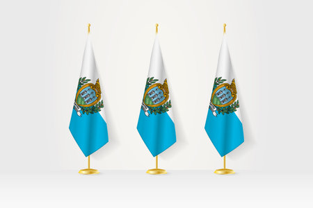 Three San Marino flags in a row on a golden stand, illustration of press conference and other meetings. Vector illustration.のイラスト素材