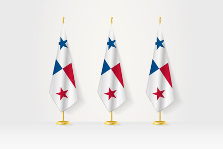 Three Panama flags in a row on a golden stand, illustration of press conference and other meetings. Vector illustration.のイラスト素材