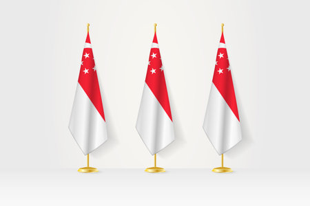 Three Singapore flags in a row on a golden stand, illustration of press conference and other meetings. Vector illustration.のイラスト素材