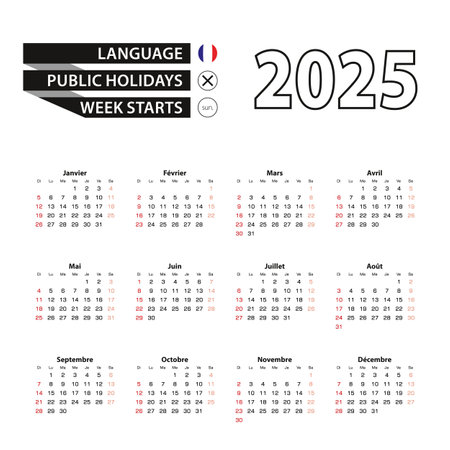 2025 calendar in French language, week starts from Sunday. Vector Illustration.のイラスト素材