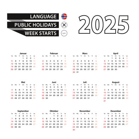 2025 calendar in Norwegian language, week starts from Sunday. Vector Illustration.のイラスト素材