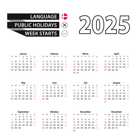2025 calendar in Danish language, week starts from Sunday. Vector Illustration.のイラスト素材