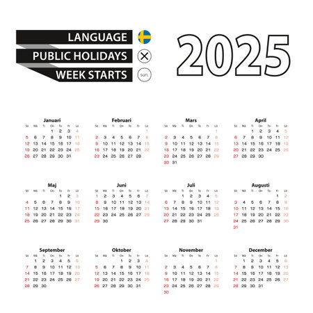 2025 calendar in Swedish language, week starts from Sunday. Vector Illustration.のイラスト素材