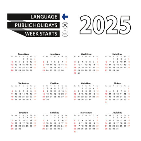 2025 calendar in Finnish language, week starts from Sunday. Vector Illustration.のイラスト素材