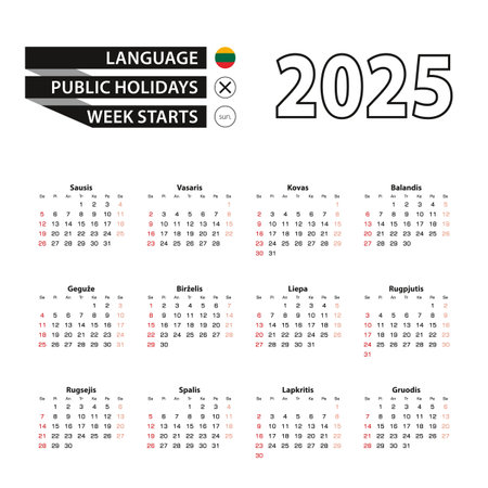 2025 calendar in Lithuanian language, week starts from Sunday. Vector Illustration.のイラスト素材
