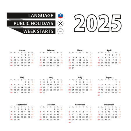 2025 calendar in Slovenian language, week starts from Sunday. Vector Illustration.のイラスト素材