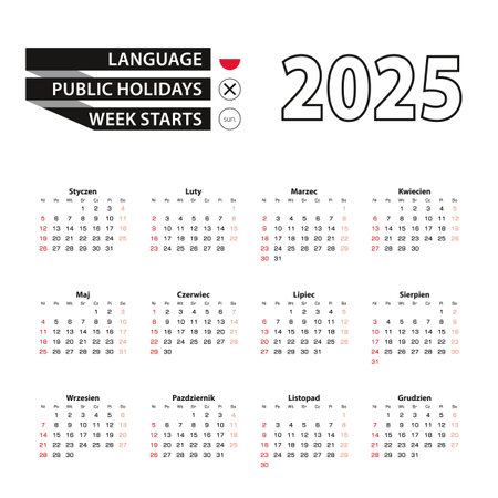2025 calendar in Polish language, week starts from Sunday. Vector Illustration.のイラスト素材