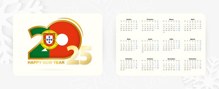 Horizontal Pocket Calendar 2025 in Portuguese language. New Year 2025 icon with flag of Portugal. Vector calendar.のイラスト素材