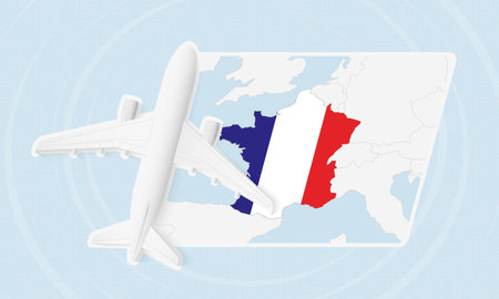 France Travel Illustration with Plane and National Flag. Ideal for travel agencies, promotional materials, or geographic content related to France.のイラスト素材