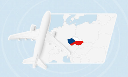 Czech Republic Travel Illustration with Plane and National Flag. Ideal for travel agencies, promotional materials, or geographic content related to Czech Republic.のイラスト素材