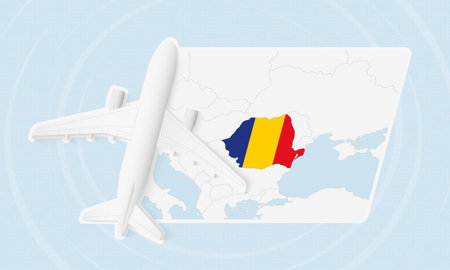 Romania Travel Illustration with Plane and National Flag. Ideal for travel agencies, promotional materials, or geographic content related to Romania.のイラスト素材