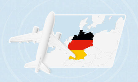 Germany Travel Illustration with Plane and National Flag. Ideal for travel agencies, promotional materials, or geographic content related to Germany.のイラスト素材