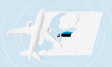 Estonia Travel Illustration with Plane and National Flag. Ideal for travel agencies, promotional materials, or geographic content related to Estonia.のイラスト素材