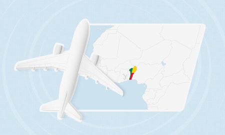 Benin Travel Illustration with Plane and National Flag. Ideal for travel agencies, promotional materials, or geographic content related to Benin.のイラスト素材