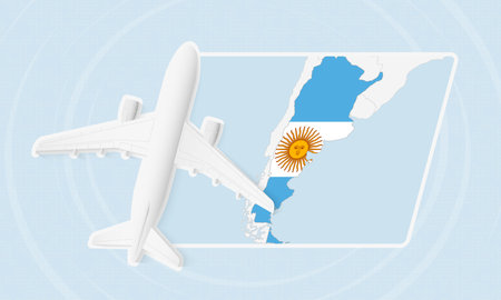 Argentina Travel Illustration with Plane and National Flag. Ideal for travel agencies, promotional materials, or geographic content related to Argentina.のイラスト素材