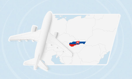 Slovakia Travel Illustration with Plane and National Flag. Ideal for travel agencies, promotional materials, or geographic content related to Slovakia.のイラスト素材