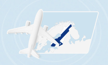 Finland Travel Illustration with Plane and National Flag. Ideal for travel agencies, promotional materials, or geographic content related to Finland.のイラスト素材