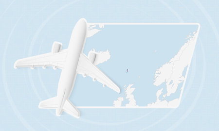 Faroe Islands Travel Illustration with Plane and National Flag. Ideal for travel agencies, promotional materials, or geographic content related to Faroe Islands.のイラスト素材