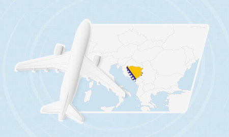 Bosnia and Herzegovina Travel Illustration with Plane and National Flag. Ideal for travel agencies, promotional materials, or geographic content related to Bosnia and Herzegovina.のイラスト素材