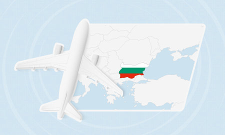 Bulgaria Travel Illustration with Plane and National Flag. Ideal for travel agencies, promotional materials, or geographic content related to Bulgaria.のイラスト素材