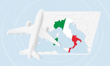 Italy Travel Illustration with Plane and National Flag. Ideal for travel agencies, promotional materials, or geographic content related to Italy.のイラスト素材