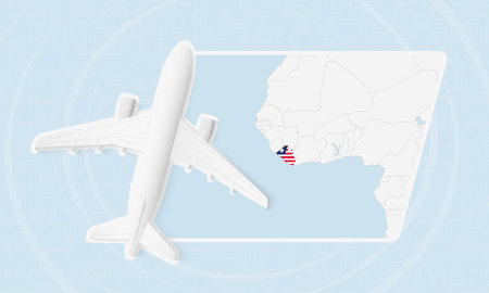 Liberia Travel Illustration with Plane and National Flag. Ideal for travel agencies, promotional materials, or geographic content related to Liberia.のイラスト素材