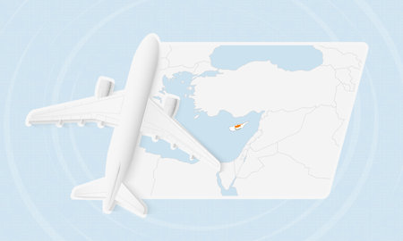 Cyprus Travel Illustration with Plane and National Flag. Ideal for travel agencies, promotional materials, or geographic content related to Cyprus.のイラスト素材