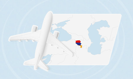 Armenia Travel Illustration with Plane and National Flag. Ideal for travel agencies, promotional materials, or geographic content related to Armenia.のイラスト素材
