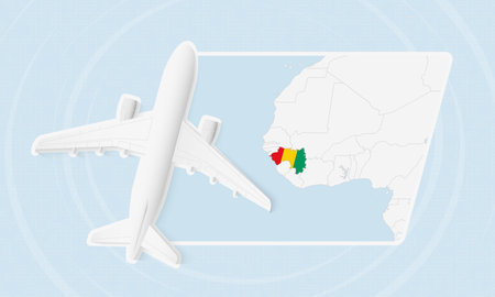 Guinea Travel Illustration with Plane and National Flag. Ideal for travel agencies, promotional materials, or geographic content related to Guinea.のイラスト素材
