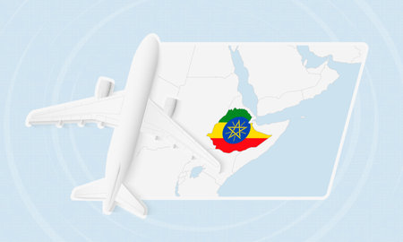 Ethiopia Travel Illustration with Plane and National Flag. Ideal for travel agencies, promotional materials, or geographic content related to Ethiopia.のイラスト素材