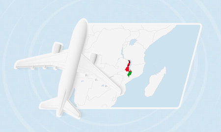 Malawi Travel Illustration with Plane and National Flag. Ideal for travel agencies, promotional materials, or geographic content related to Malawi.のイラスト素材