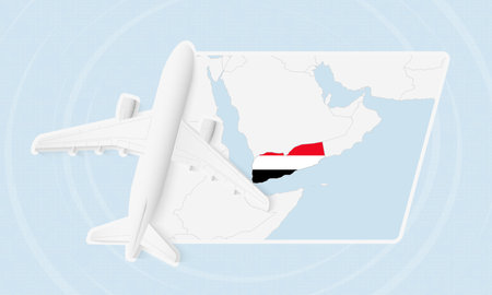 Yemen Travel Illustration with Plane and National Flag. Ideal for travel agencies, promotional materials, or geographic content related to Yemen.のイラスト素材