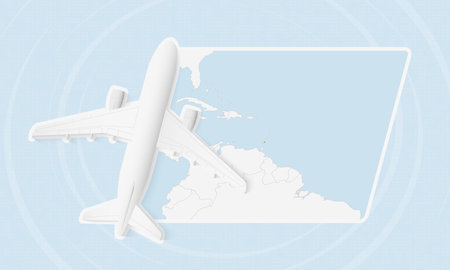 Grenada Travel Illustration with Plane and National Flag. Ideal for travel agencies, promotional materials, or geographic content related to Grenada.のイラスト素材