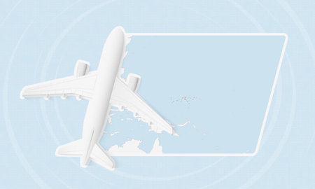 Micronesia Travel Illustration with Plane and National Flag. Ideal for travel agencies, promotional materials, or geographic content related to Micronesia.のイラスト素材