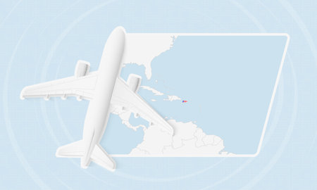 Puerto Rico Travel Illustration with Plane and National Flag. Ideal for travel agencies, promotional materials, or geographic content related to Puerto Rico.のイラスト素材