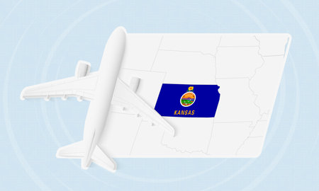 Kansas Travel Illustration with Plane and National Flag. Ideal for travel agencies, promotional materials, or geographic content related to Kansas.のイラスト素材