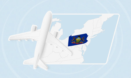 Pennsylvania Travel Illustration with Plane and National Flag. Ideal for travel agencies, promotional materials, or geographic content related to Pennsylvania.のイラスト素材