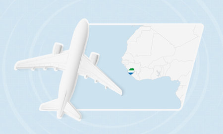 Sierra Leone Travel Illustration with Plane and National Flag. Ideal for travel agencies, promotional materials, or geographic content related to Sierra Leone.のイラスト素材