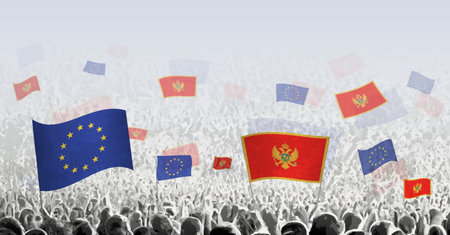 Crowd with flag of European Union and Montenegro, people of Montenegro with flag of EU. Vector illustration.のイラスト素材