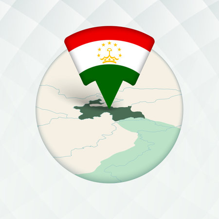 Tajikistan Map Highlighted with Flag Marker. Flag Pointer on Geographic Map.のイラスト素材