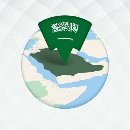 Saudi Arabia Map Highlighted with Flag Marker. Flag Pointer on Geographic Map.のイラスト素材