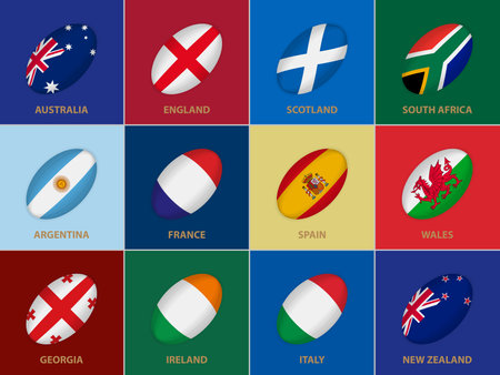 12 Flags in the Style of a Rugby Ball. Flag of Rugby U20 Competition Participants on Color Background.のイラスト素材