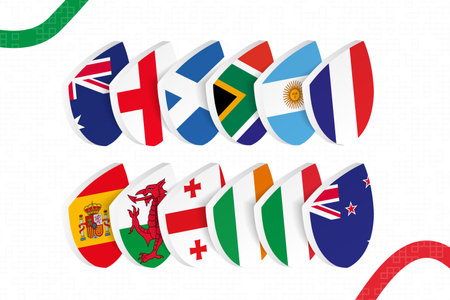 Flags of participant in international rugby tournament, all flags icon in rugby style. Vector illustration.のイラスト素材