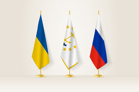 Diplomatic Meeting Representation, Ukraine, Rhode Island and Russia Flags. Flags on Diplomatic Stands. Vector illustration.のイラスト素材