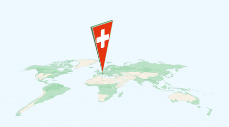 Highlighted Switzerland on Global Map with 3D Flag Location Pin of Switzerland. The image symbolizes travel, geography, international identity, and global navigation.のイラスト素材