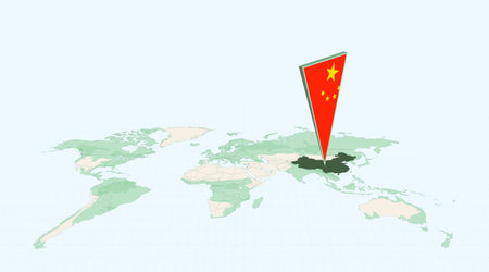 Highlighted China on Global Map with 3D Flag Location Pin of China. The image symbolizes travel, geography, international identity, and global navigation.のイラスト素材