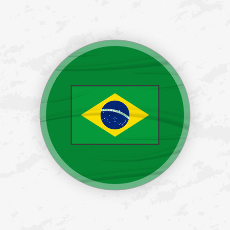 Brazilian Flag in a Circular Emblem Design, Abstract Round Sticker Illustration. This high-quality vector graphic is perfect for use in patriotic designs, travel promotions, international events, sport competitions.のイラスト素材
